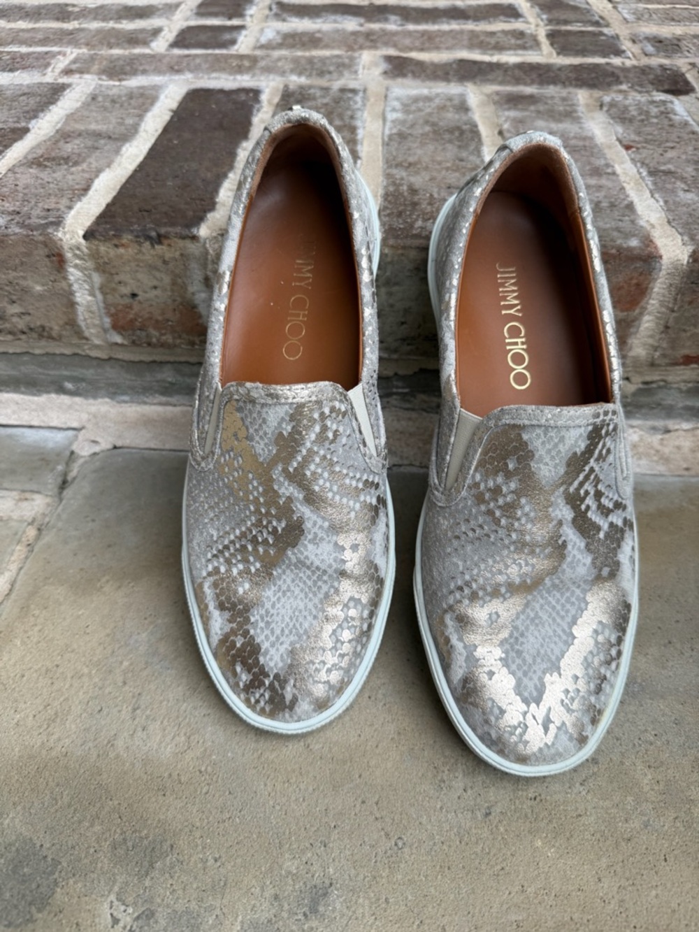 Jimmy Choo Metallic Snake-Print Slip-On Sneakers - Gold/Taupe